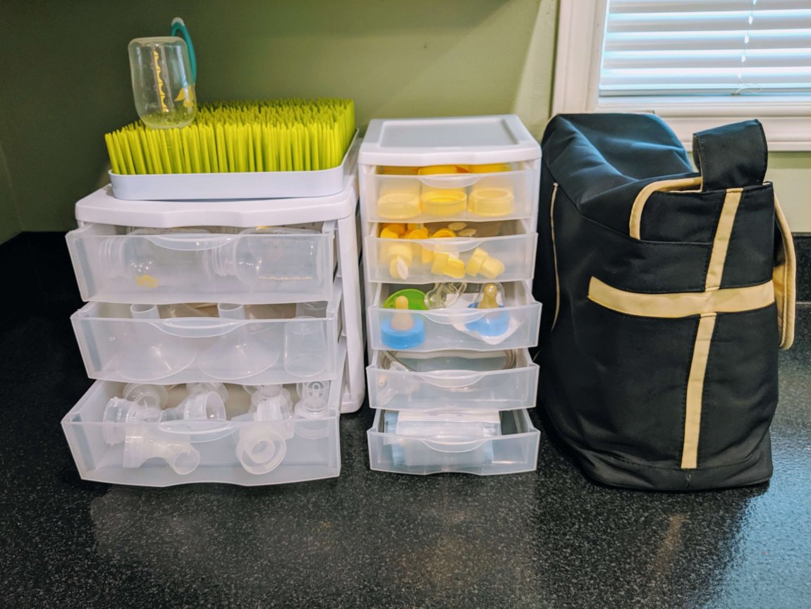 organized pumping supplies on kitchen counter
