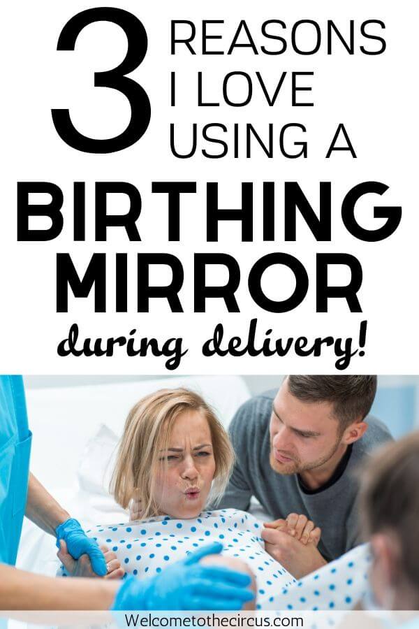 woman in labor using a birthing mirror